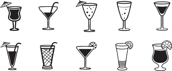 Black and White Silhouettes of Diverse Cocktail Glasses  , Unique Shapes and Decorations. set