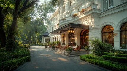 Obraz premium Sunlit White Colonial Building with Lush Green Landscaping and Outdoor Seating