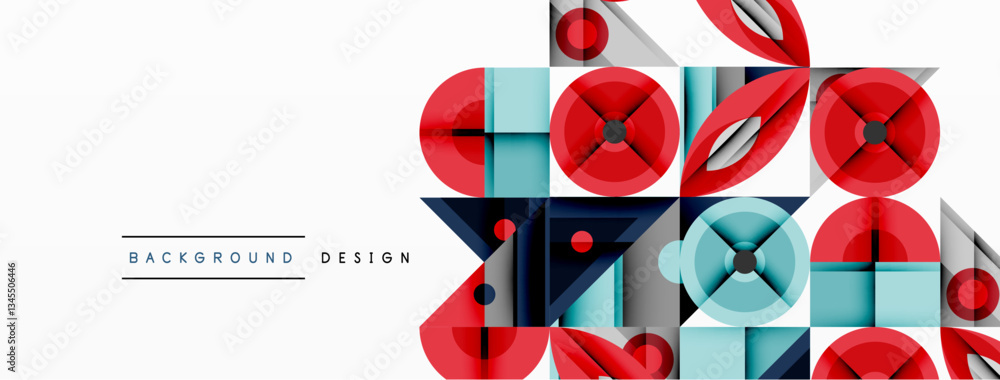 Poster Geometric abstract composition with intersecting shapes, circles, triangles, and gradients, blending vibrant colors and dynamic contrasts to create a modern, futuristic visual design