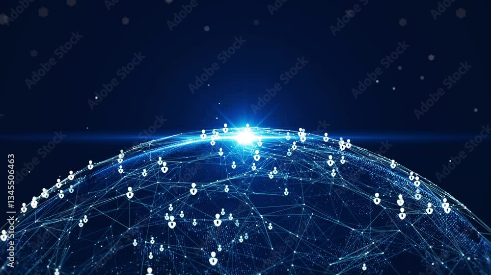 Poster futuristic digital illustration of a connected world, featuring a glowing network of nodes and user 