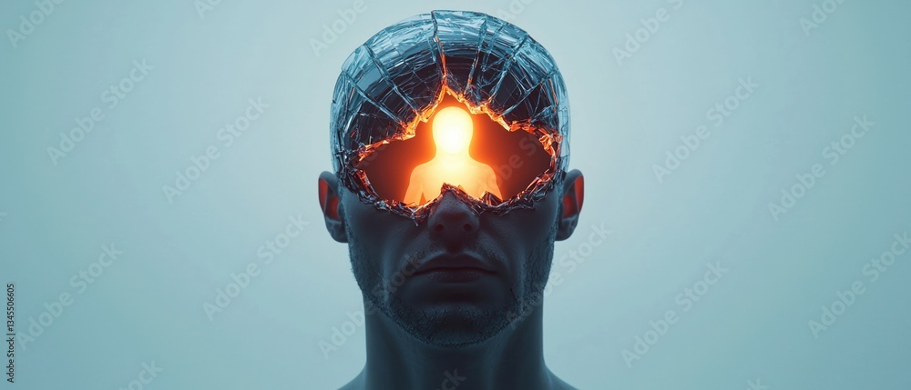 Poster personal transformation mindset concepts. a futuristic head with glowing energy and intricate patter