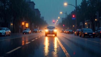 Fototapeta premium Blurred Background of Rainy Street with Car Headlights, Creating a Moody and Cinematic Atmosphere