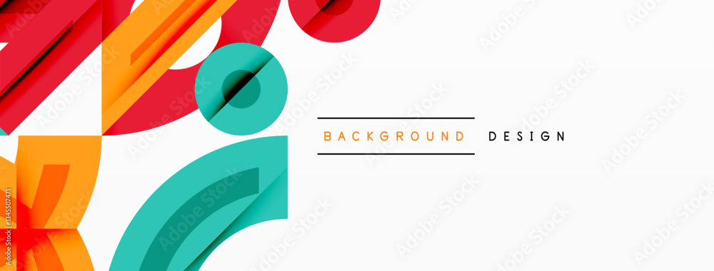 Poster Abstract geometric background with shapes, featuring circular and rounded elements. Bold contrast, smooth gradients, dynamic composition, futuristic style