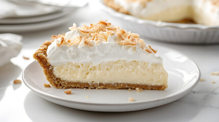 An Elegant Setup of Coconut Cream Pie Slice on a Plate with Shredded Coconut Topping