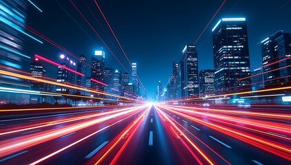 Fototapeta premium Blurred Background of Traffic Lights and Moving Cars in a Busy City at Night, Depicting Urban Energy and Motion