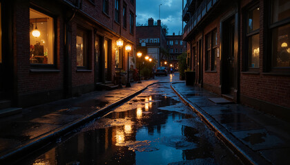 Atmospheric wet street illuminated by lamps at dusk  
