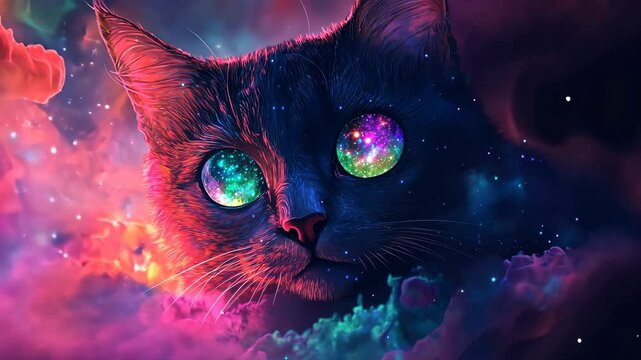 Cat with multiple eyes, each eye reflecting a different galaxy, fur shimmering with iridescent colors, set against a nebulous cosmic backdrop