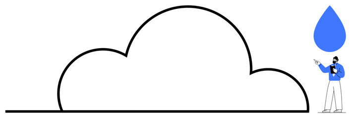 Cloud outline with raindrop, man in business attire gesturing. Ideal for data storage, weather, technology, cloud computing, abstract thinking, innovation environmental metaphors. Flat simple