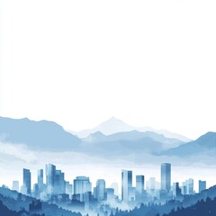 A serene blue toned city skyline with mountains backdrop