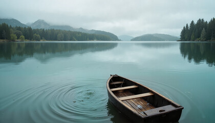 Tranquil wooden boat drifting on calm lake with misty mountains  