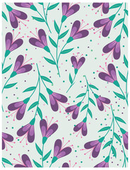 Seamless pattern of purple flowers with pink accents and green leaves on a light background, dotted with small colorful specks, it could be used as a wallpaper, fabric design, pillow and curtains
