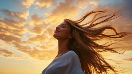 Woman's hair blowing sunset cloudscape freedom