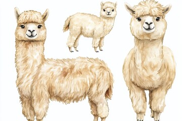 Fototapeta premium Set of watercolor soft alpacas hand drawn on a white background
