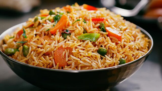bowl of spicy rice dish with vegetables, vibrant colors, focus on texture, appetizing and flavorful, served hot, traditional cuisine, bright background