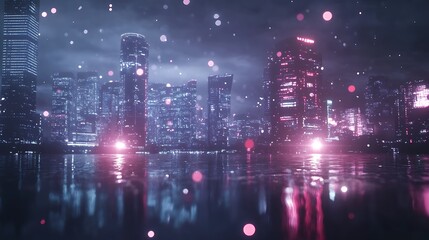 Obraz premium A futuristic cityscape at night, illuminated by glowing lights and reflections on water.