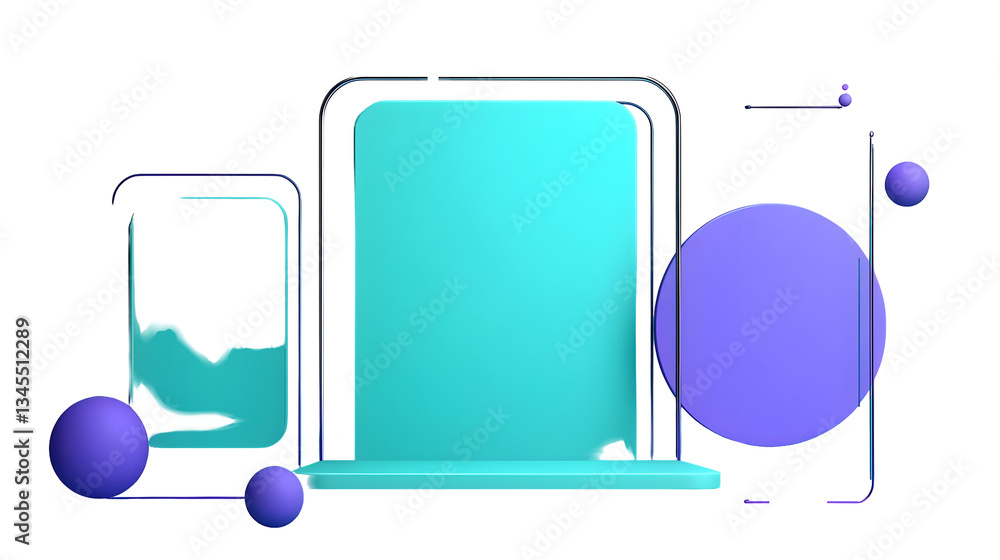 Poster 3d abstract background of minimalist geometric shapes featuring cylinders and spheres on a podium wi