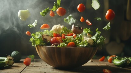 Fresh vegetables cascading into a salad bowl, embodying simplicity and health.