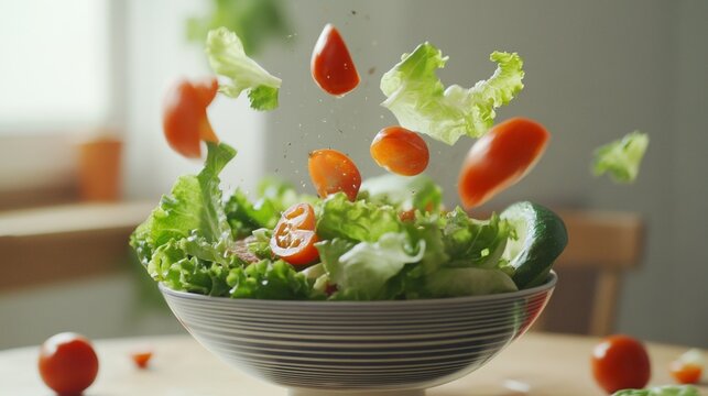 Fresh vegetables cascading into a salad bowl, embodying simplicity and health.
