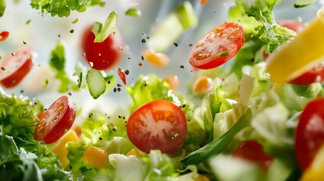 Fresh vegetables cascading into a salad bowl, embodying simplicity and health.