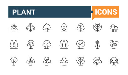Set of Tree line icon. Contain linear symbols eco, evergreen, ecology, botany, landscape, branch and more. Modern icons collection. Gardening icon set. Editable stroke. Vector illustration.