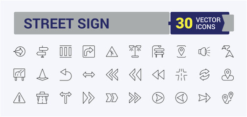 Road Sign icon set in linear style. Included navigator, direction, street, traffic, mark, sign and more. Outline icons in linear style. Traffic Sign vector icon set. Signs for web and mobile app.