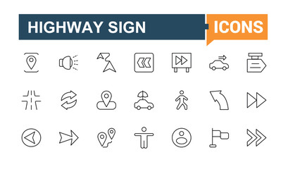 Road Sign icon set in linear style. Included navigator, direction, street, traffic, mark, sign and more. Outline icons in linear style. Traffic Sign vector icon set. Signs for web and mobile app.