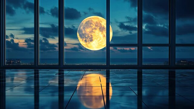 reflection of the moon in a large glass window, sharp and dynamic composition, serene and peaceful atmosphere, glowing and artistic focus, detailed textures