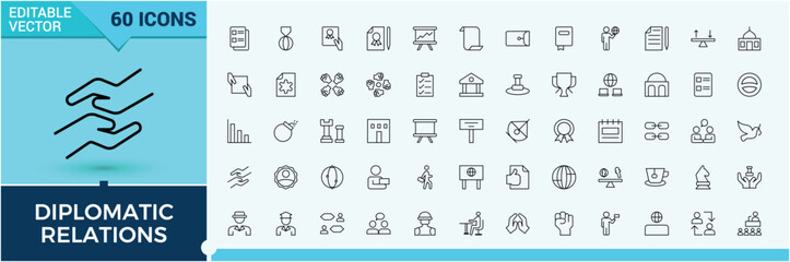 Diplomacy icon set. Contain linear sign politic, peace, politics, ambassador, diplomat, bilateral and more. Isolated icons. Alliance icon collection. Vector illustration in modern line style.