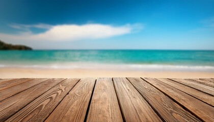empty wooden planks with blur beach and sea on background