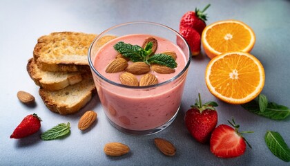 a refreshing smoothie made with strawberries almonds and orange slices accompanied by toasted bread and mint