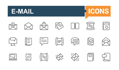 E-Mail And Letter linear icon collection. Contains outline symbols like newsletter, paper, document, e-mail, email, message, mail and more. Minimal icons pack. Post simple icon.