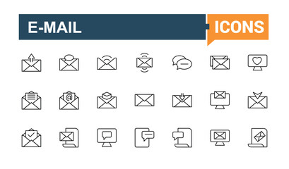 E-Mail And Letter linear icon collection. Contains outline symbols like newsletter, paper, document, e-mail, email, message, mail and more. Minimal icons pack. Post simple icon.