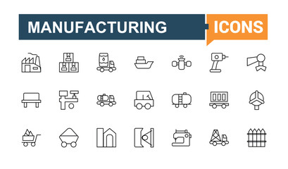 Industry icon collection. Contains outline symbols like production, manufacture, manufacturing, industrial, engine, engineer and more. Thin line icons set. Industrial vector line icon set.