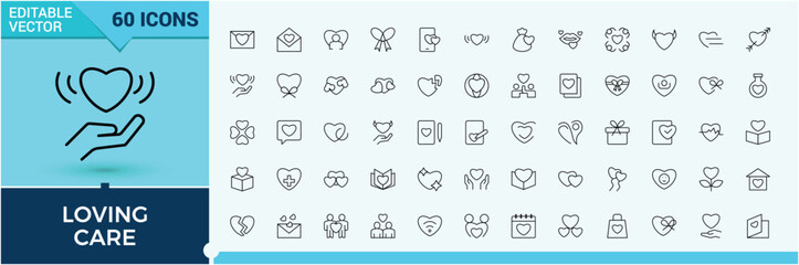Love And Care related icon set. Containing partnership, support, help, love, interaction and more. Vector outline icons collection. Heart modern icon set. Vector artwork and illustration.