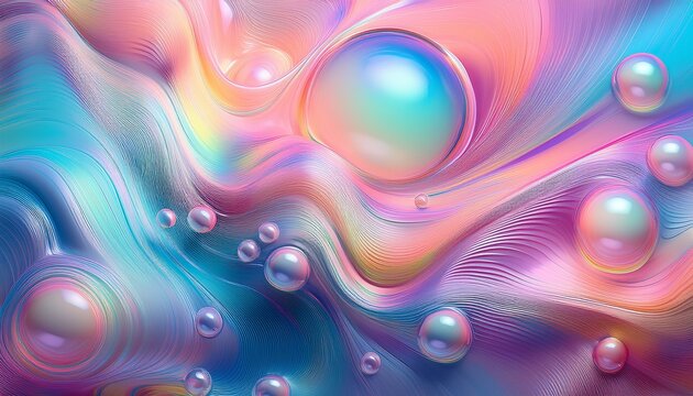 iridescent colorful abstract background with bubbles fluid texture pastel tones curvy wavy good vibes - Powered by Adobe