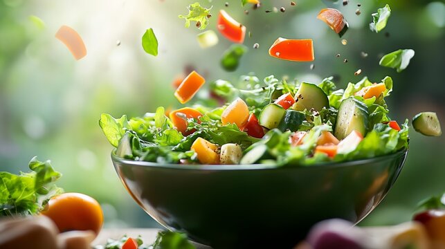 Fresh vegetables cascading into a salad bowl, embodying simplicity and health.