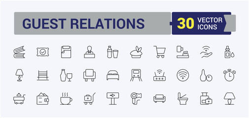 Hospitality icon set. Contains outline symbols like reception, host, motel, service, hotel and more. Collection for mobile and web apps. Hostel simple icon. Editable stroke collections.