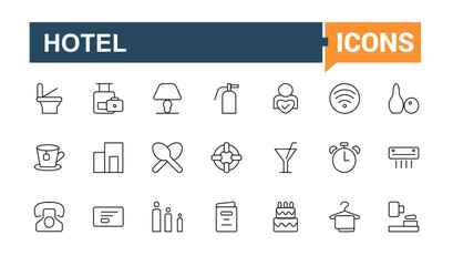 Hospitality icon set. Contains outline symbols like reception, host, motel, service, hotel and more. Collection for mobile and web apps. Hostel simple icon. Editable stroke collections.