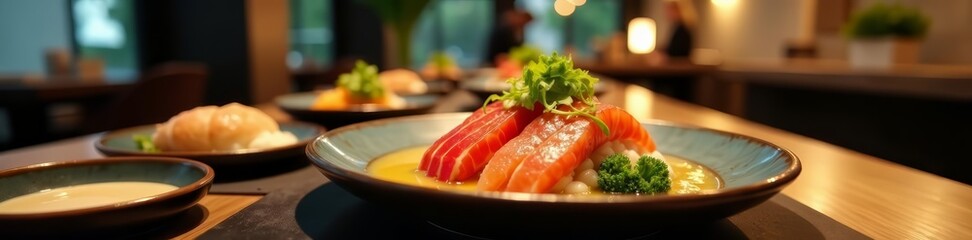 Upscale dining experience in modern Japanese restaurant with minimalist design, minimalist, upscale, luxury