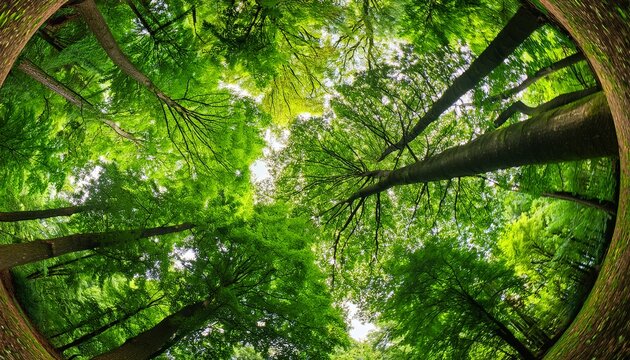 a close up of a bright green forest canopy with varied tree leaves and branches