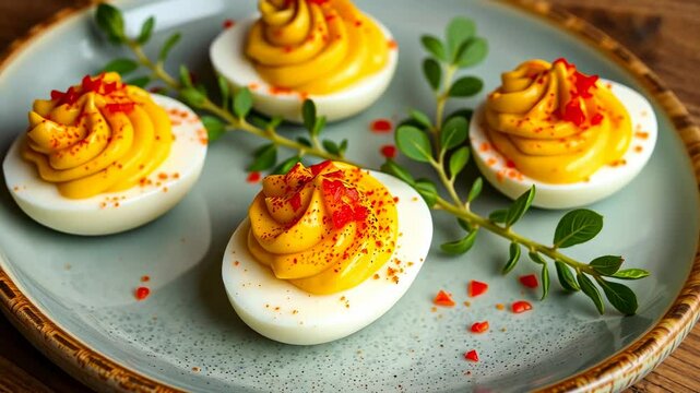 Close Up of Four Deviled Eggs Garnished with Paprika on a Blue Plate