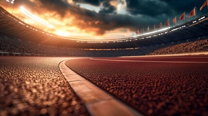 A breathtaking Olympic stadium with a red running track circling a lush green field. Tall stadium lights cast a bright glow, and national flags hang proudly along the upper deck. The stands are packed