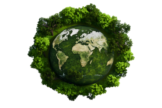 3d Rendering of Globe Earth Planet Surrounded by Green Trees on Transparent Background Showing Global Environment Sustainability and Ecological Conservation