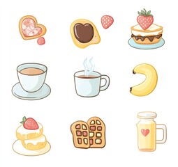 Cute breakfast food and drink icons.