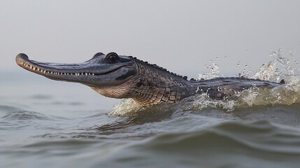 Obraz premium Sleek gharial slicing through the waters of the Ganges its long snout barely breaking the surface