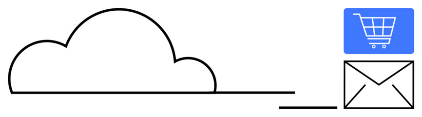 Cloud connected to an envelope with a shopping cart icon, representing digital solutions. Ideal for cloud computing, online shopping, email marketing, communication, e-commerce, technology trends
