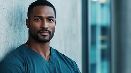 Male medical professional in scrubs, compassionate expression, 3/4 view against modern clinic wall, gentle window light with soft fill, f/2.8, heal