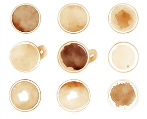 Watercolor coffee cup stains, top view.