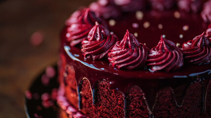 Decadent Maroon Cake: An exquisitely crafted maroon cake is a visual feast, its glossy glaze and intricate buttercream details inviting a sensory exploration
