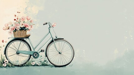 A whimsical design featuring a vintage bicycle with a flower basket, representing love and adventure. The background can be soft pastel tones, leaving it text-free for your personal touch. 